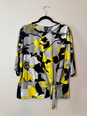 Clara Sun Woo Yellow/Black Floral Abstract Printed Blouse Top Size 1X